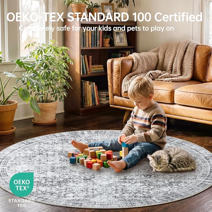 Sasttie Round Rug 4ft, Ultra-Soft Washable Circle Rug, Low Pile Foldable Thin Rugs with Non-Slip Backing, Skin-Friendly Stain Resistant Carpet for Living Room, Bedroom, Kitchen, Dorm, 4ft, Light Grey