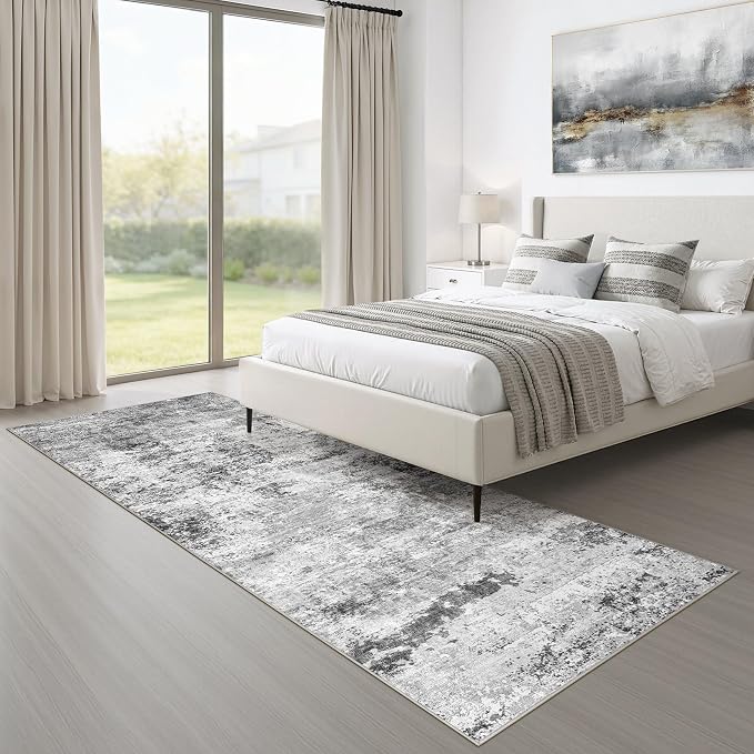 Runner Rug Non-Slip Kitchen Rug: 2x6 Washable Abstract Modern Soft Stain Resistant Indoor Floor Neutral Accent Throw Carpet for Hallway Bathroom Laundry Room Bedroom Entryway- Black Gray