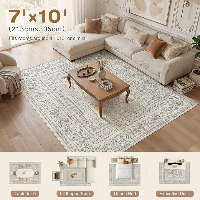 Nakagishi 7x10 Area Rugs Living Room: Washable Large Vintage Rug Neutral Non-Slip Soft Stain Resistant Indoor Carpet for Bedroom Nursery Dining Room Office Playroom - Blue/Beige