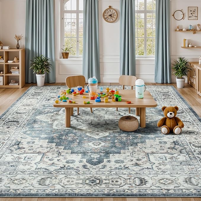 Lessymo Washable Long Runner Rug for Hallway, 2 x 10 Entryway Rugs Boho Faux Wool Low Pile Rug for Kitchen, Floral Medallion Vintage Rugs with Non-Slip Rubber, Blue Grey/Beige