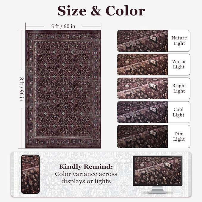 Fig 5x8 Area Rug Living Room, Earth Tone Dark Academia Vintage Boho Floral Trellis Dining Room Rugs for Under Table, Washable Non Slip Thin Carpet Rug for Den/Home Office/Kitchen