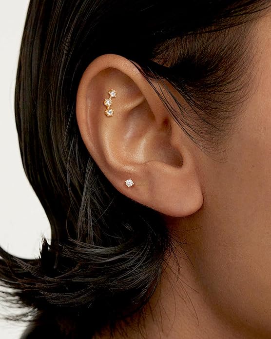 COCHARM 14K Real Gold Star Helix Cartilage Conch Earring Stud 16g Flat Back Solid Gold Helix Conch Piercing Jewelry 16g 6mm 8mm 14Kt Cartilage Stud Jewelry Internally Threaded