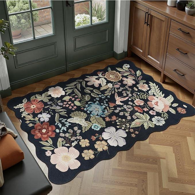 DCX Black Floral Rug 3x5, Washable Black Rug for Living Room, Kid & Pet Friendly with Rubber Back Non Slip, Soft Low Pile Carpet, Stain Resistant Rug for Bedroom, Nursery, Dining Room