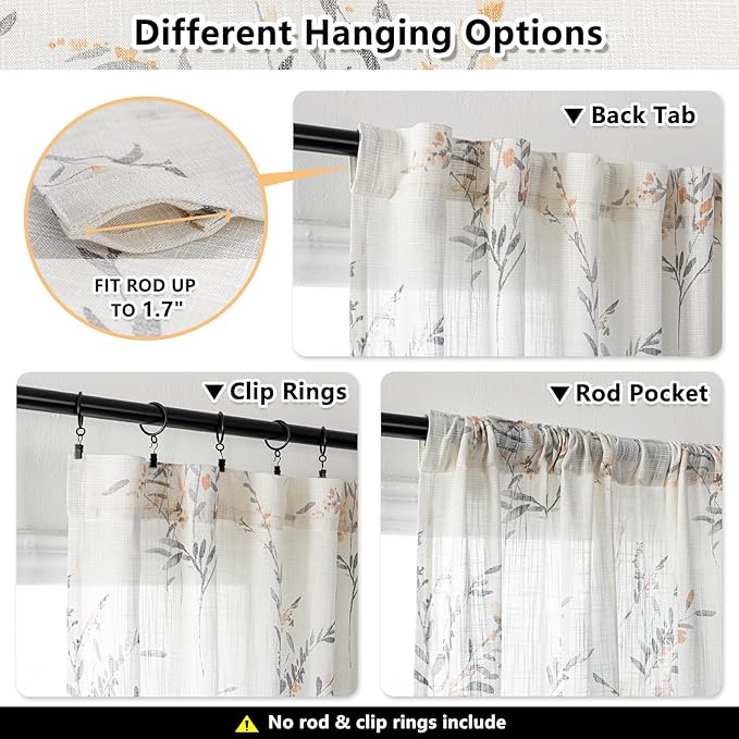 MYSKY HOME Sheer Curtains 108 Inch Length Semi Flax Linen Floral Farmhouse Curtains for Living Room Sliding Glass Door Window Curtain Panels Light Filtering Privacy Protect Drapes Set, Yellow, 2 Pcs
