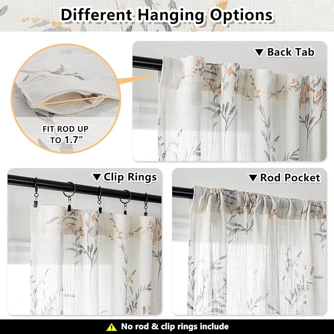MYSKY HOME Floral Curtains for Bedroom Small Windows Flax Linen Sheer Drapes Light Filtering Flower Decor Country Style Bathroom Panels Set Light Filtering Privacy Blind, 50x54, Yellow, 2 Pcs