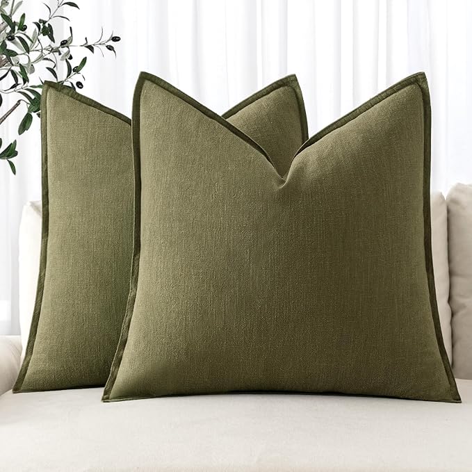 MIULEE Decorative Linen Pillow Covers 18x18 Inch Green | Boho Farmhouse Neutral Couch Throw Pillows for Bed, Pack of 2 Accent Modern Pillowcases, Sofa Livingroom Home Decor