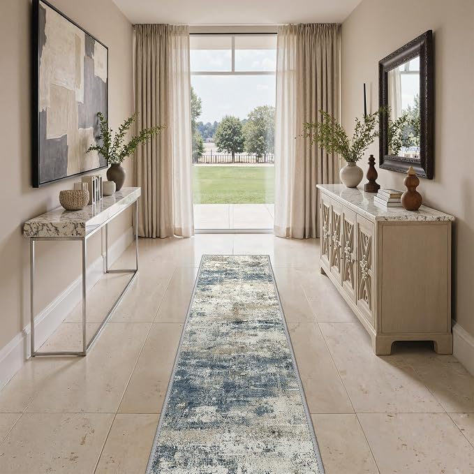 GENIMO Runner Rug Non Slip 2'6"x7', Washable Rug Runner for Hallways Kitchen, Abstract Modern Kitchen Rugs, Low Pile Lightweight Carpet Runners for Entryway, Bedroom, Laundry, Navy Blue