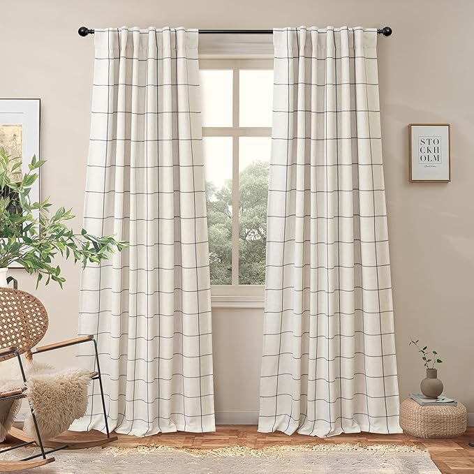 DriftAway 100% Blackout Plaid Linen Curtains 84 Inches Long 2 Panels Black | 100% Blackout, Linen Texture, Plaid Pattern, Two Layers, Rod Pocket & Back Tab, Bedroom Living Room Use, Luxury Appearance