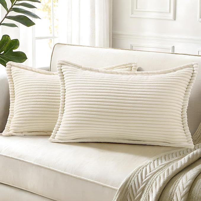 decorUhome Fall Corduroy Cream White Throw Pillow Covers 12x20 Set of 2 | Lumbar Couch Decorative Soft Modern Boho Farmhouse Pillow Covers Broadside Striped Pillow Cases for Living Room Bed Sofa