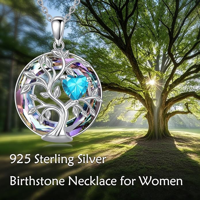 Tree Of Life Birthstone Necklace 925 Sterling Silver Crystal Family Tree Pendant Necklaces Heart Birthstone Jewelry For Women Female Anniversary Birthday Gifts
