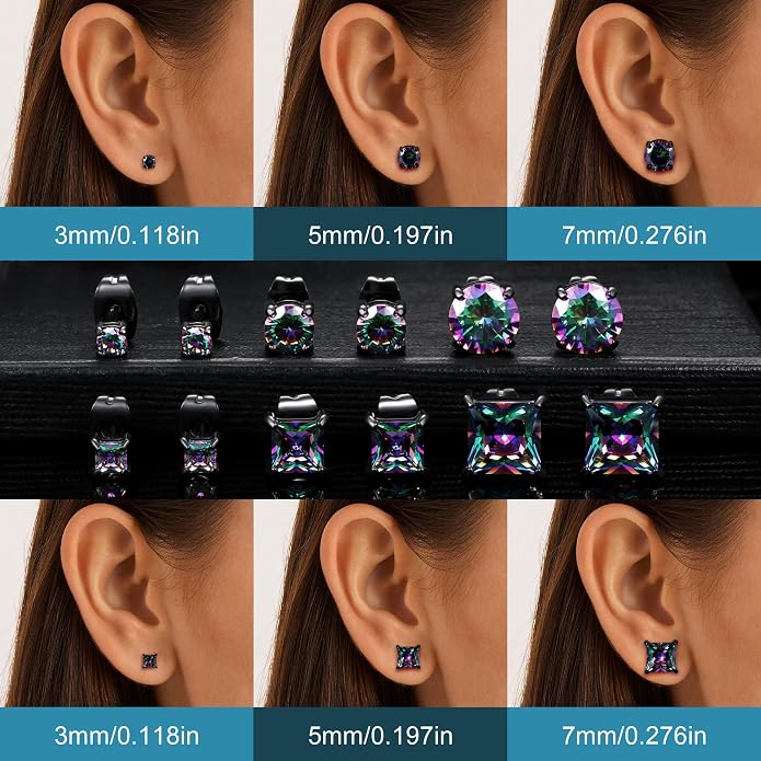 MDFUN 6 Pairs Stud Earrings Set 3mm/5mm/7mm Princess & Round Cubic Zirconia Earrings Hypoallergenic 316L Surgical Stainless Steel CZ Earrings for Women Men