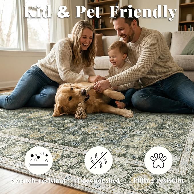 Washable Rugs for Living Room: 6x9 Area Rugs for Bedroom Ultra Soft Non-Slip Stain Resistant Vintage Boho Large Carpet for High-Traffic Dining Room - Farmhouse Decor