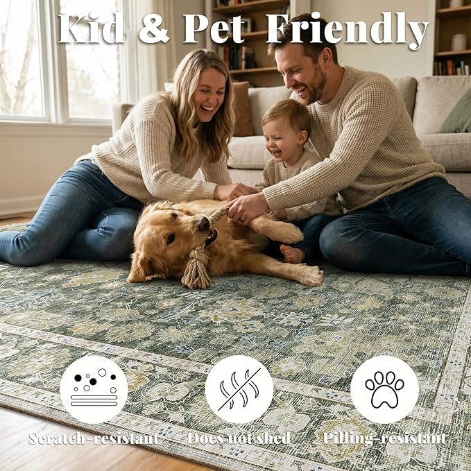 Washable Rugs for Living Room: 5x7 Area Rugs for Bedroom Ultra Soft Non-Slip Stain Resistant Vintage Boho Large Carpet for High-Traffic Dining Room - Farmhouse Decor