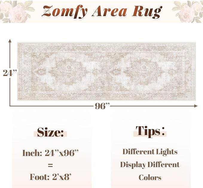 Area Rug 2x8 Runner Rug: Washable Vintage Hallway Rugs Indoor Medallion Rug Low Pile Distressed Floor Carpet Retro Accent Rugs for Kitchen Bedroom Bathroom Dining Room(Beige, 2'x8')