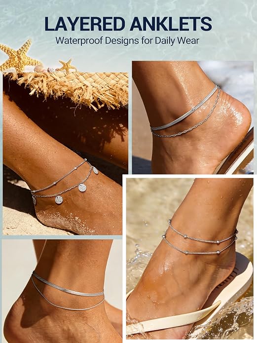PROSTEEL Ankle Bracelets for Women Waterproof, Layered Stainless Steel Summer Beach anklets, Silver/Gold 8-10.5 Inch Adjustable, Come with Box