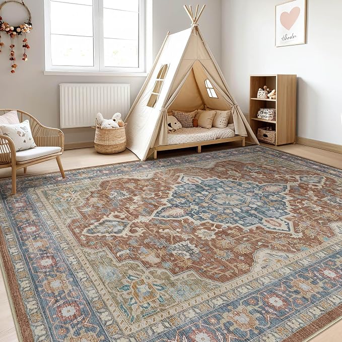 9x12 Area Rug Living Room: Washable Boho Large Neutral Vintage Soft Rug Stain Resistant Farmhouse Non-Slip Indoor Floor Carpet for Bedroom Nursery Kids Playroom Office Dining Room- Red Multi