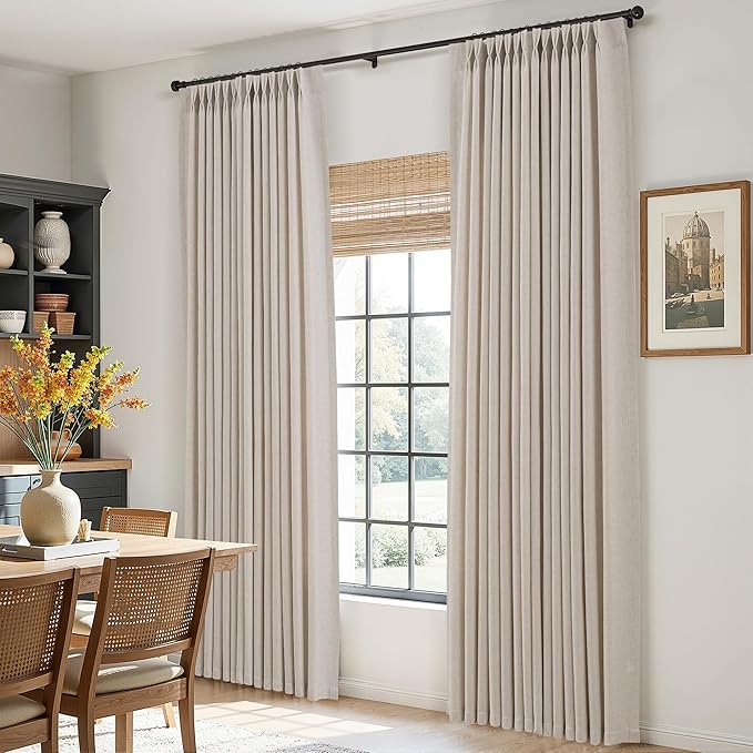 Aersas Birch Beige Pinch Pleated 90 Inch Linen Curtains 2 Panels Set for Living Room Pinch Pleat Drapes Back Tab Light Filtering Semi Sheer Curtain 90 Inches Long for Dining Bedroom Office W40xL90