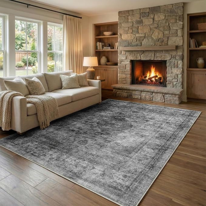 Homemate Washable Rug 5x7 Area Rugs - Vintage Faux Wool Rugs for Living Room Bedroom Dining Room - Non Slip Foldable Carpet Indoor Area Rug for Home Decor（5'x7', Black