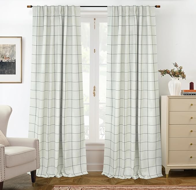 DriftAway 100% Blackout Plaid Linen Curtains 96 Inches Long 2 Panels Black | 100% Blackout, Linen Texture, Plaid Pattern, Two Layers, Rod Pocket & Back Tab, Bedroom Living Room Use, Luxury Appearance