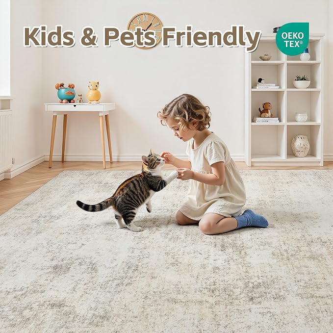 6x9 Area Rugs Living Room Rug Modern Abstract Neutral Washable Rugs Non Slip Soft Carpet Large Area Rug Low Pile Stain Resistant Non Shedding for Bedroom Nursery Dining Room Home Office Beige