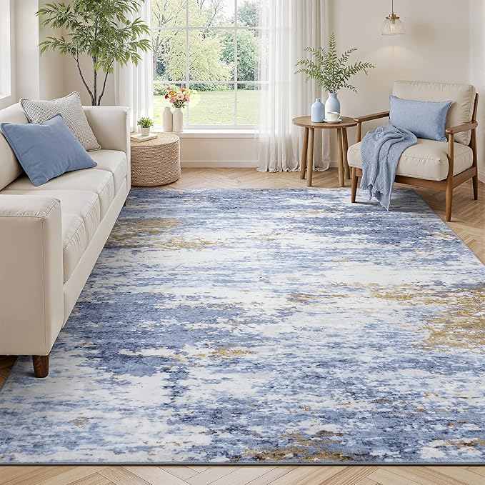 Lofus 5x7 Area Rug for Living Room, Abstract Rugs with Non-Slip Backing, Neutral Modern Washable Carpet for Bedroom Dining Room Home Office Nursery Indoor,Light Blue/Brown