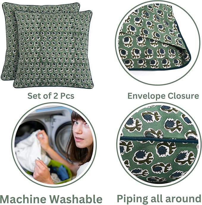 Ridhi Block Print Basil Green Pillow Cover 16" x 16" (Pack of 2) Decorative Couch Pillows for Living Room, Chic Boho Cute Outdoor Pillows Covers Gifts for Spring, Easter and Valentine
