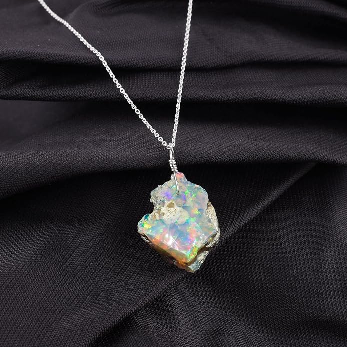 Natural Raw Crystal Rough Gemstone Pendant Necklace For Women, Chakra Healing Stones, Birthstone Jewelry, Rhodium Plated 925 Sterling Silver Chain 18 inch, Birthday Gift