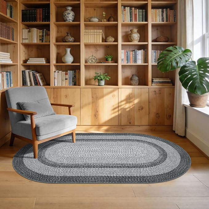 5x8 Oval Living Room Area Rug Washable Modern Border Bedroom Bedside Area Rugs Non Slip Low Pile Dining Room Oval Throw Carpet Contemporary Rugs for Living Room Kitchen Nursery, Grey