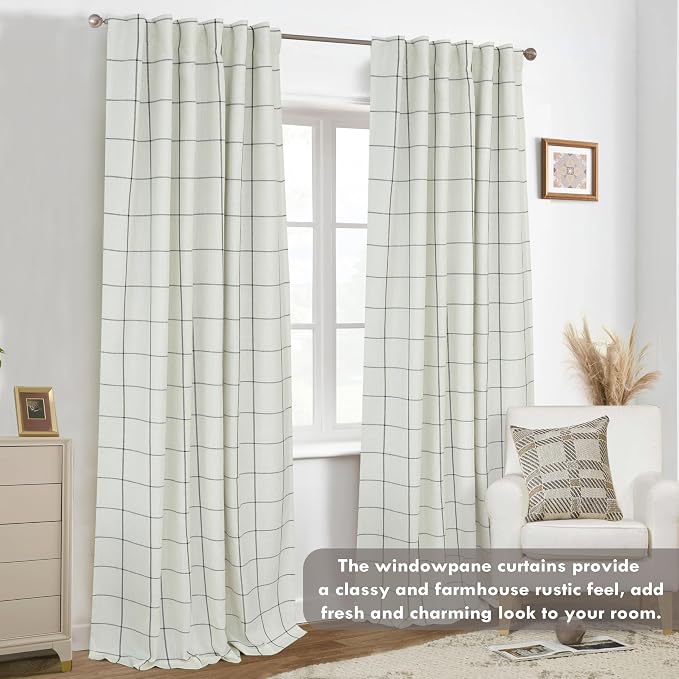 DriftAway 100% Blackout Windowpane Plaid Linen Curtains 45 Inches Black | Double Layer Farmhouse Drapes for Living Room Bedroom Yarn Dyed Woven Thermal Insulated Rod Pocket Back Tab 2 Panels