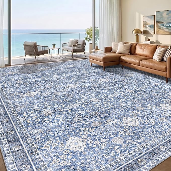 Sasttie 9x12 Area Rug, Ultra-Soft Washable Rug, Low Pile Foldable Thin Carpets with Non-Slip Backing, Skin-Friendly Stain Resistant Carpet for Living Room, Bedroom, Kitchen, Dorm, 9x12, Blue
