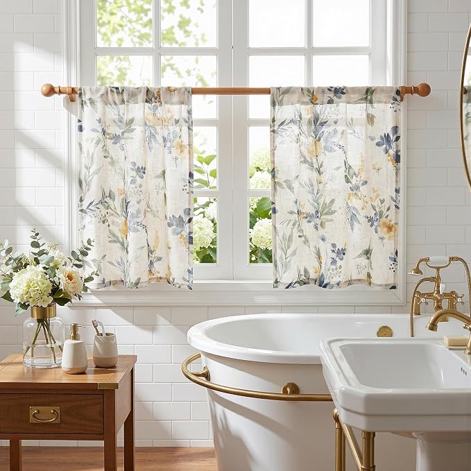 MYSKY HOME Floral Kitchen Curtains 24 Inch Length Linen Tier Curtains Farmhouse Blue Flower Patterned Small Window Treatments Airy Light Filtering Rod Pocket for Bathroom 2 Panels, Each 26" W