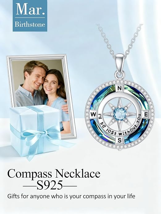 TOUPOP Necklace Gifts for Wife Compass Jewelry Women Anniversary Girlfriend Birthday Gift for Her Valentines I'd be Lost without You Sterling Silver Birthstone Necklaces