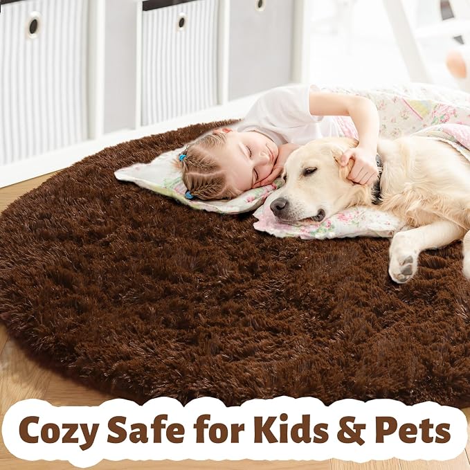 Amdrebio Dark Brown Round Circle Rugs 5Ft for Bedroom, Fluffy Shag Plush Area Rugs for Kids Room, Living Room Decor Aesthetic, Fuzzy Fur Floor Chocolate Coffee Carpet for Playroom Dorm Baby Nursery