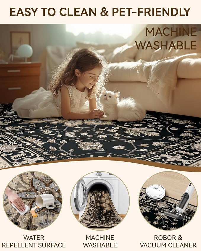 RELEANY Area Rugs Runner 2'x6' Washable Non-Slip, Floral Vintage Distress Medallion Carpet for Kitchen Hallway Bedroom Beside Laundry Room Bathroom, Black Brown Neutral Dark Tan