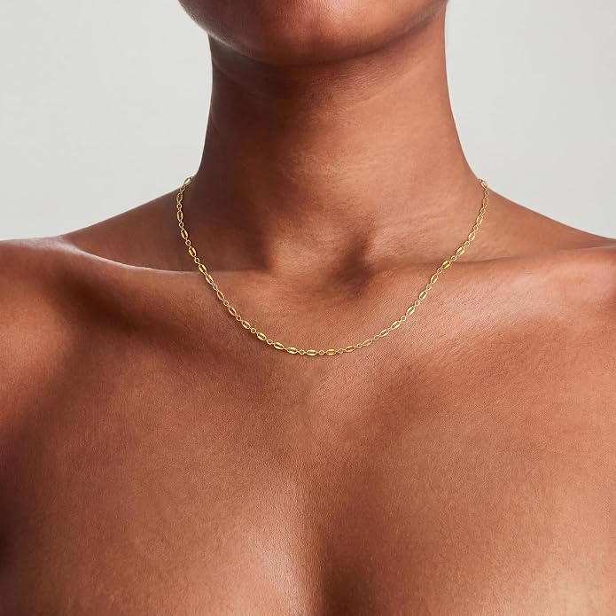 Tewiky Gold Chain Necklace for Women, 14k Gold Plated Thin Beaded Wave Box Necklace Dainty Simple Layered Choker Minimalist Link Chain Necklace Trendy Jewelry for Women