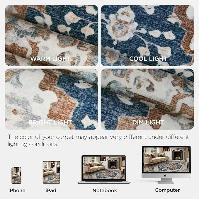 Joydeco 5x7 Area Rugs for Living Room, Non Slip Machine Washable Vintage Rug, Low Pile Chenille Print Rugs for Bedroom, Dining Room, Home Office, Pet & Child Friendly, Beige & Blue & Reddish-Brown