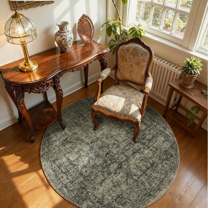 4x4 Round Bedroom Rug Washable: Living Room Rug Stain Resistant Non Slip Low Pile Small Carpet for Bedroom Kitchen Entryway Living Room Bedside Office Dorm Kids Room Entrance