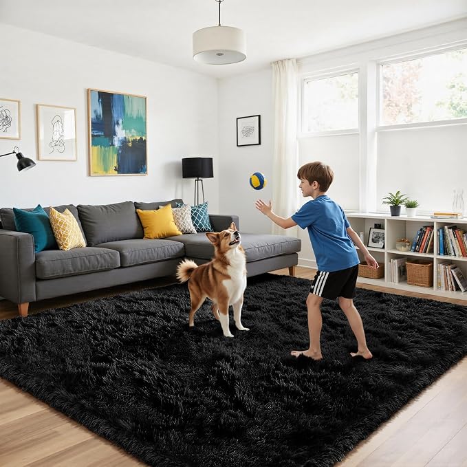 yongyangjuxin Fluffy Rug Shag Area Rug, Black 6x9 Area Rugs for Living Room, Large Shag Area Rugs for Bedroom Room Home Decor, Upgrade Anti-Skid Rectangular Fuzzy Rugs