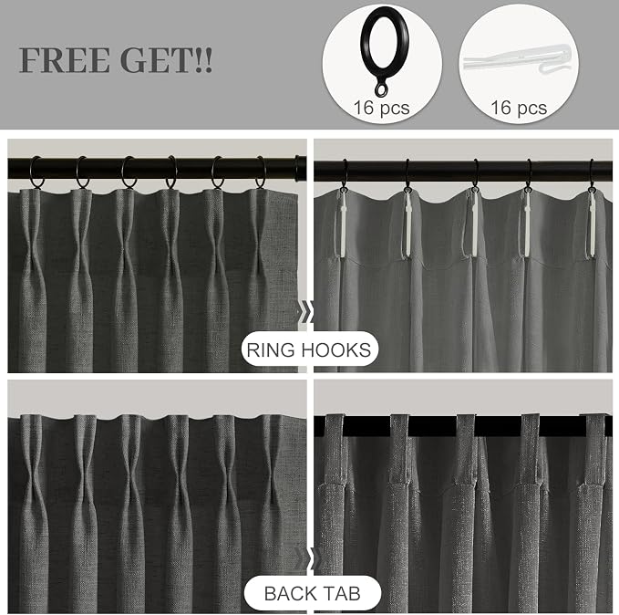 Pinch Pleated Curtains 90 Inch Length for Living Room, Semi Sheer Linen Pleated Curtain with Hooks Rings Light Filtering Back Tab Drapes for Bedroom Dining Room, 40x90, Charcoal Grey, 2 Panels