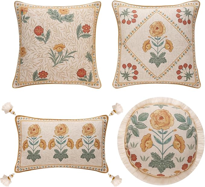patdrea French Vintage Linen Throw Pillow Cover,Set of 4-RosaSilvestre | Decorative Pillow Case with Zipper,Yellow Floral Pattern,Cushion Coverfor Couch Living Room Bedroom Sofa