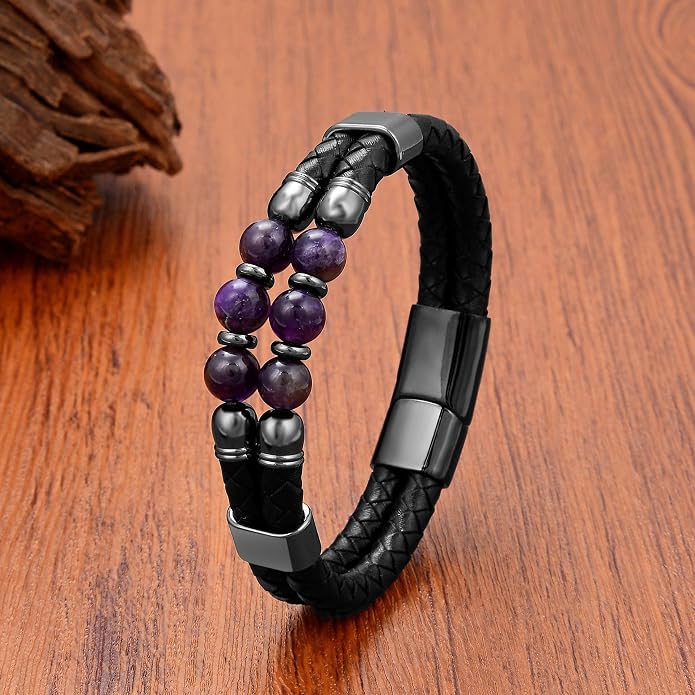 Mens Turquoise/Lapis Lazuli/Tiger Eye/Black Agate/Obsidian Leather Braided Bracelets for Father's Day/Birthdays/Graduation Jewelry Wristband Cuff Bracelet with Stainless Steel Clasp