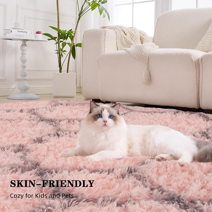 Fluffy Rug for Bedroom, Soft 4x6 Pink Shag Plush Geometric Area Rugs | Modern Pink and Grey Rug, Non Slip Carpet for Living Room, Aesthetic Home Decor, Fuzzy Floor Mat for Nursery Teen Dorm