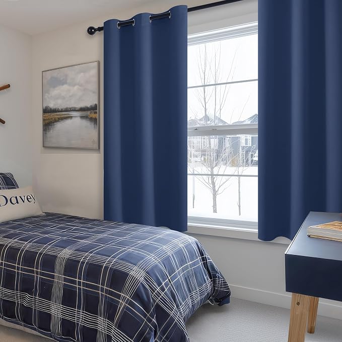 Hiasan Short Blackout Curtains for Bedroom - Thermal Insulated & Energy Saving Window Curtains for Living Room, 2 Drape Panels Sewn with Tiebacks, Navy, 38 x 45 Inch
