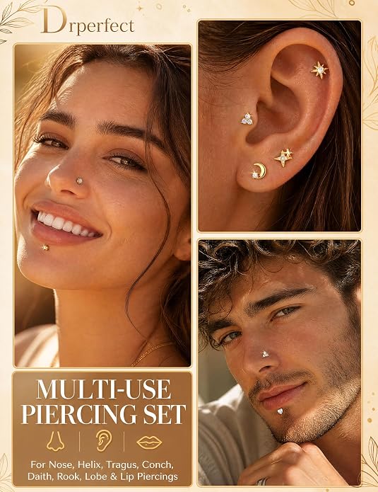 Drperfect 16G/18G Flat Back Stud Earrings for Women, Hypoallergenic Surgical Steel Gold Silver Plated Internal Thread Stud Piercing Jewelry for Tragus Helix Cartilage Conch Nose Lip Medusa Piercing