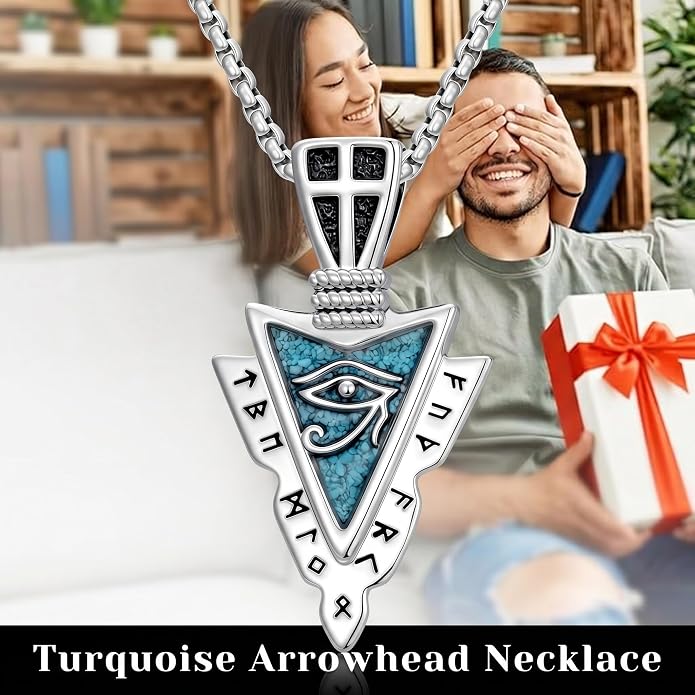 Viking Turquoise Arrowhead Necklace for Men Celtic/Evil Eye/Ankh/Valknut/Compass Arrow Head Pendant Fathers Day Birthday Gifts