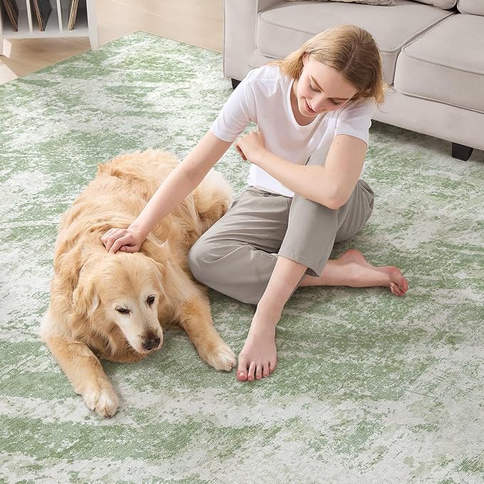 DMOYEST 10x14 Washable Area Rug: Abstract Modern Non-Slip Carpet, Soft Low Pile Indoor Neutral Easy Clean Floor Rugs for Living Room Bedroom Dining Room Kids & Pets - Green