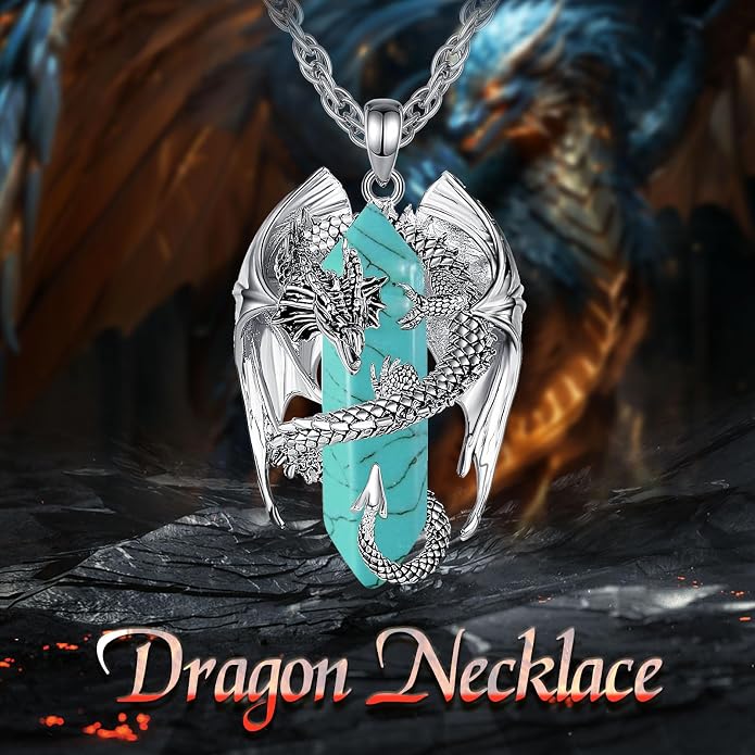 INFUSEU Unique Dragon Necklaces with Healing Crystal Stone for Men Women, Personalized Spiritual Gifts, 24 Inch Chain