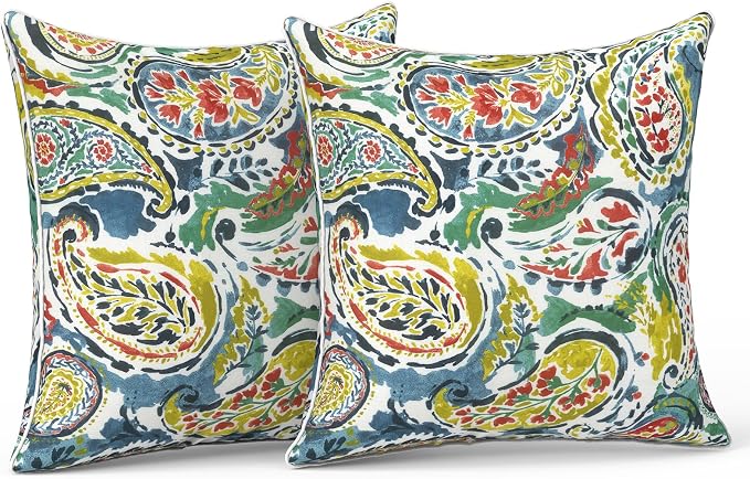 LVTXIII Outdoor Throw Pillows 18x18 Patio Waterproof Square Pillows with Piping Fade Resistant Accent Pillow for Spring Summer Garden Decoration, Set of 2, Paradise Paisley