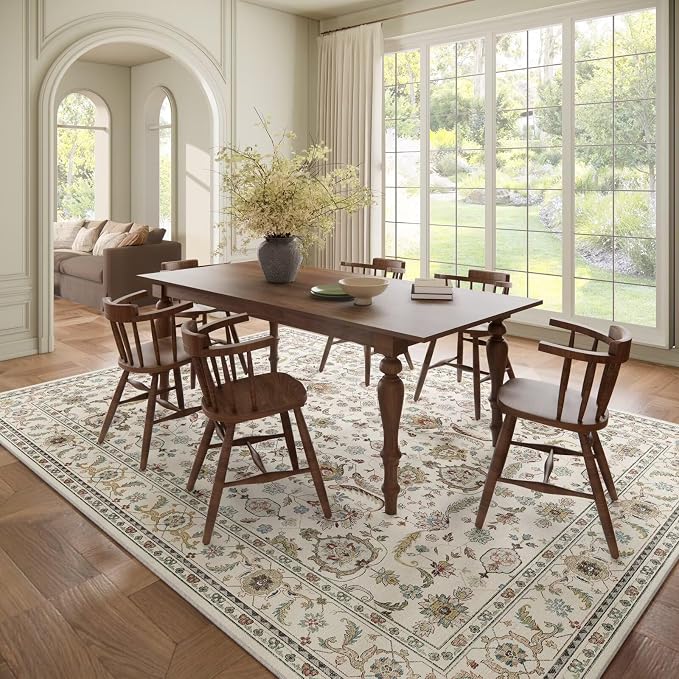 Boho Washable 8x10 Area Rugs for Living Room, Cushioned, Beige | Vintage Non-slip Neutral Oriental Rugs for Bedroom Dining Room Nursery Office High Traffic Area
