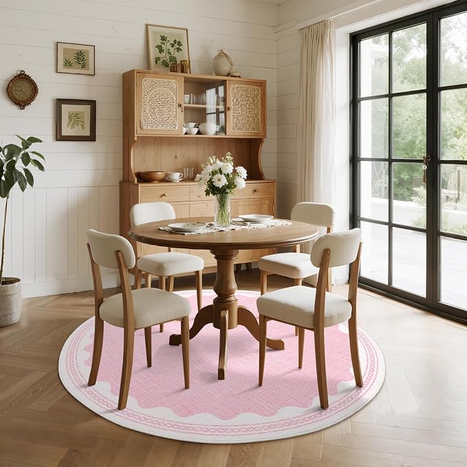 4ft Scalloped Round Rug Pink Washable Living Room Bedroom Area Rug | Small Solid Rug for Bedroom Girls, Non Slip Scalloped Round Bath Mat, Soft Dorm Nursery Carpet for Bedside